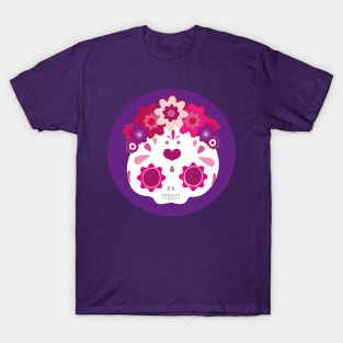 Kawaii mexican sugar skull adorable pink flower headband cute purple day of the dead T-Shirt